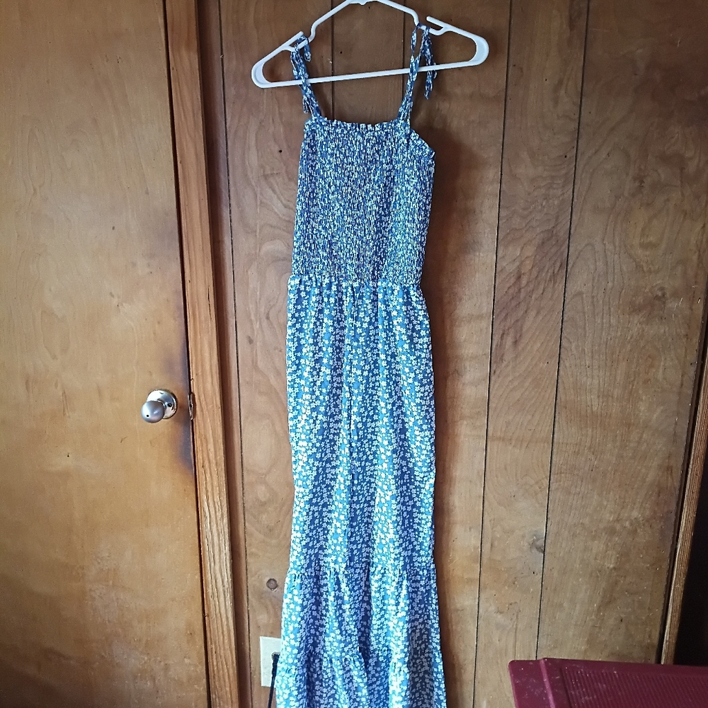 Blue Floral Wide Leg Jumpsuit Tie Shoulder Straps Size S NWOT